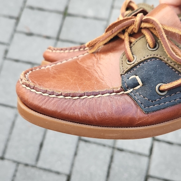 Sebago Docksides Two Tone Brown/Navy/Green Slip-on Leather Boat Shoes - Picture 7 of 11